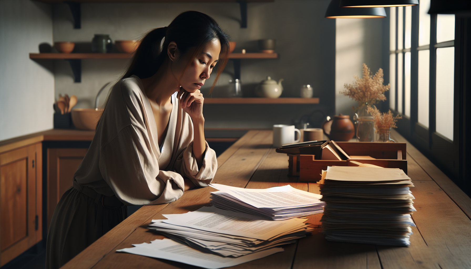 Person reviewing legal documents at kitchen table, taking control of bailiff debt situation