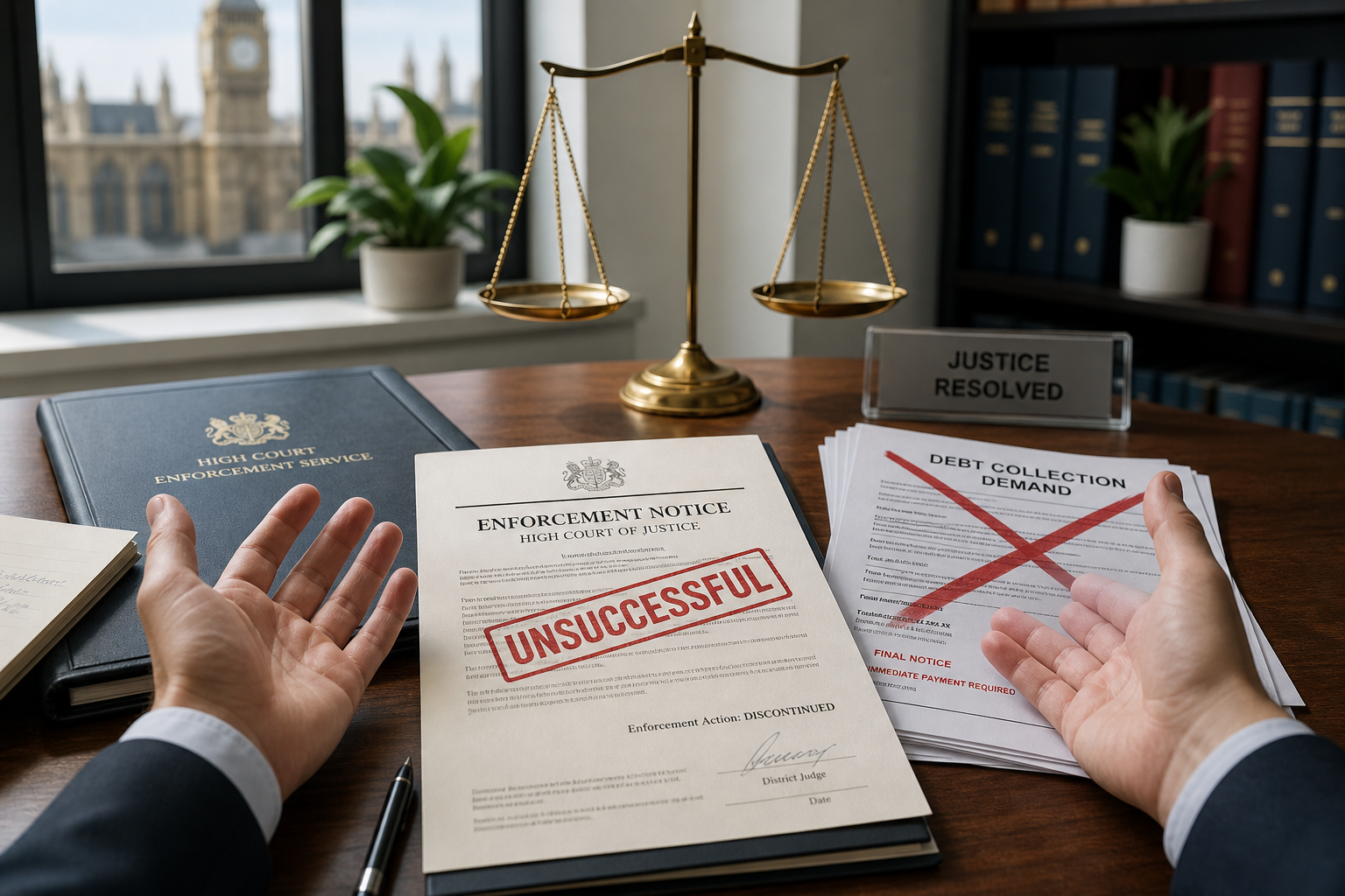 Empty hands and unsuccessful enforcement documents showing failed bailiff collection attempts and debtor relief options