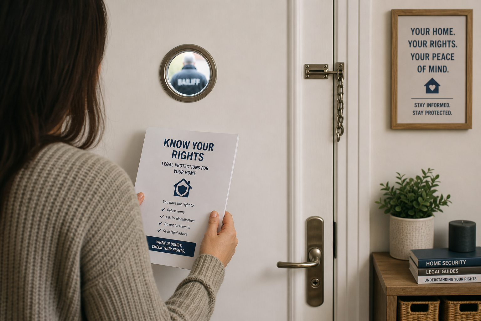 Person at home reviewing rights document while bailiff waits outside, showing home protection and legal knowledge