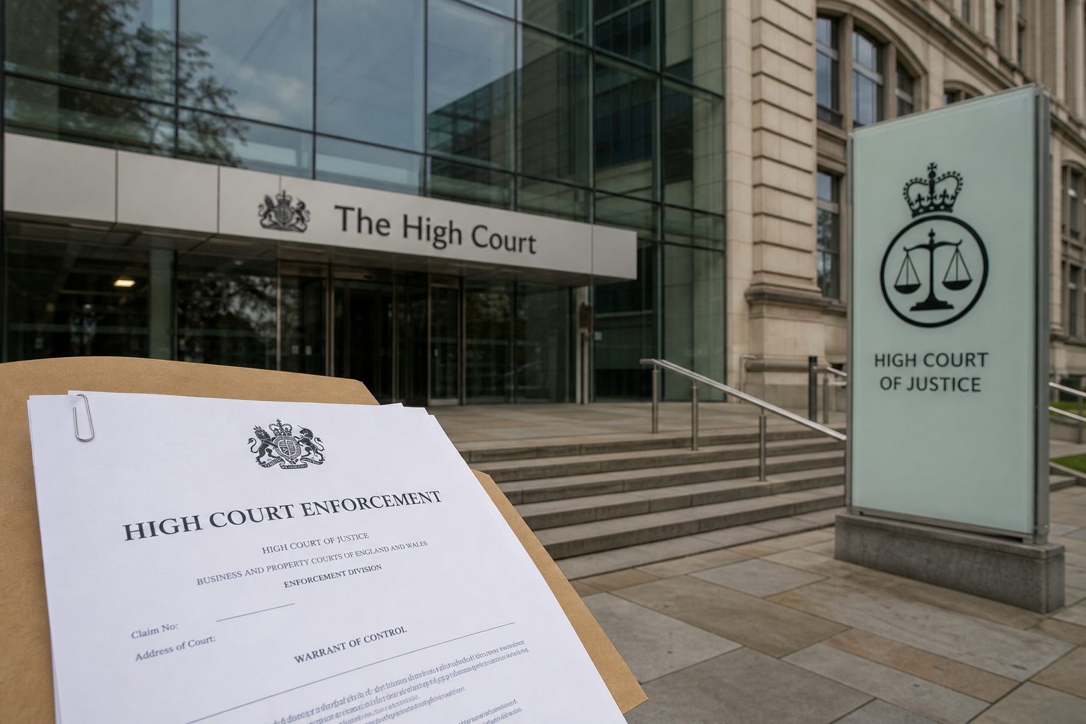 High Court building with official enforcement documents showing legal authority and judicial procedures